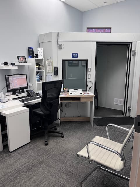 Audiometric testing booth and workstation at Sense of Hearing Mississauga Central