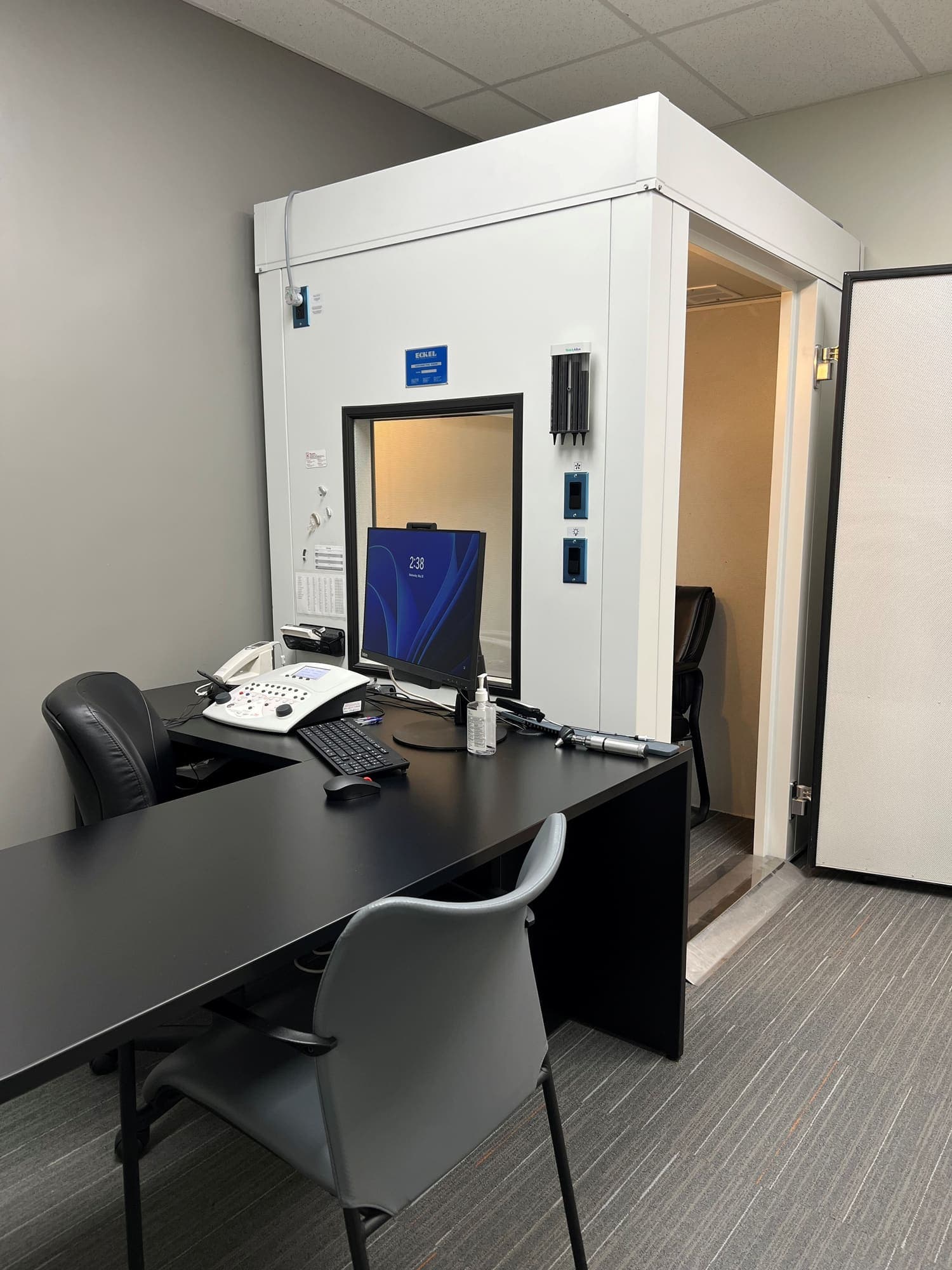 Audiometric testing booth and equipment at Sense of Hearing Waterdown