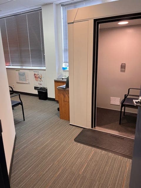 Hearing testing area and sound booth entrance at Sense of Hearing Welland